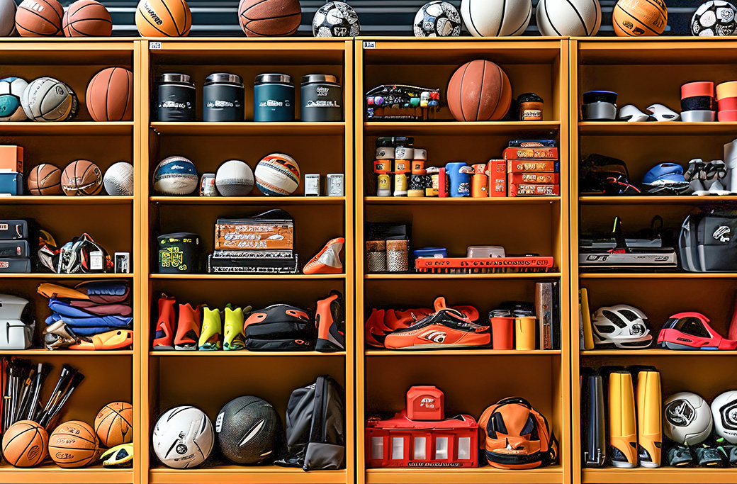 Organized sports equipment such as footballs, cones, balls, nets, and training equipment.